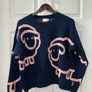 Women's Navy Crewneck Sweater with Pink Sheep Motif